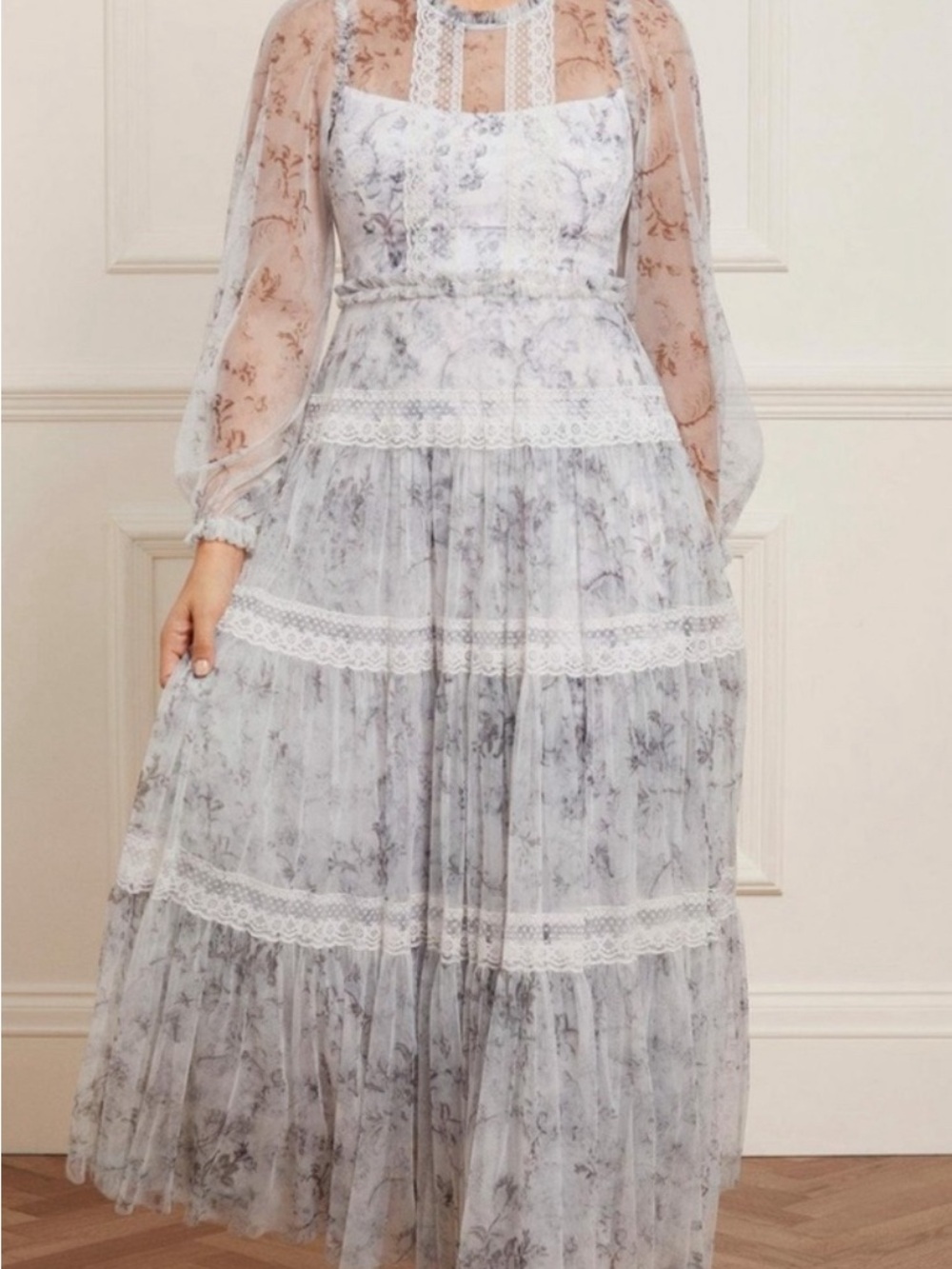 Needle & Thread Sheer Lace Tiered Maxi Dress in Soft Gray Floral Size 16